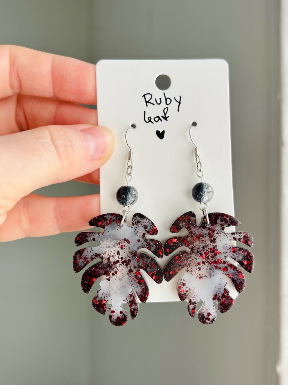 Ruby Leaf Resin Earrings Handmade Red Black Glitter Tropical monstera dangle